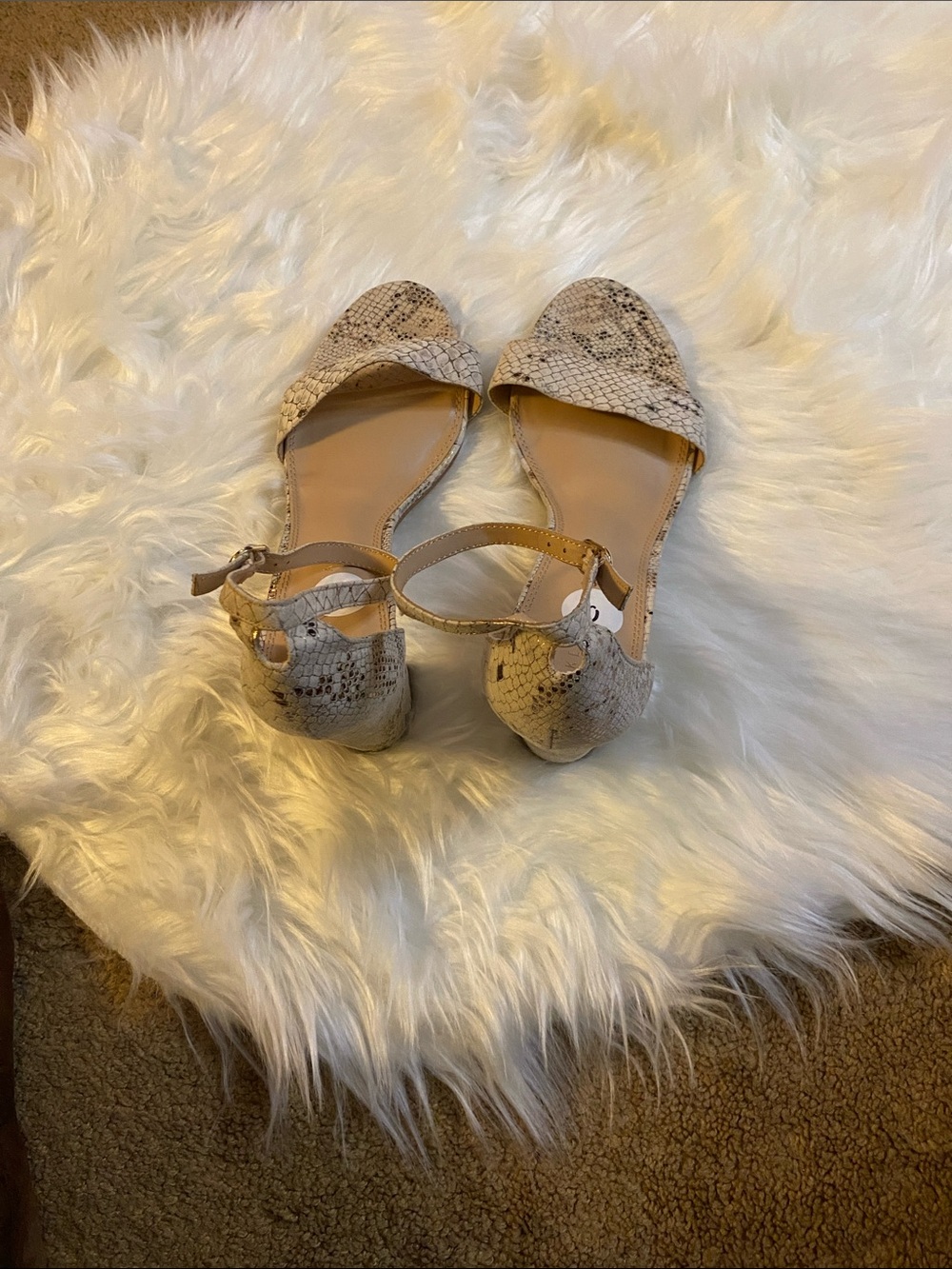 Kelly & Katie Beige Snake-Print Ankle Strap square heels